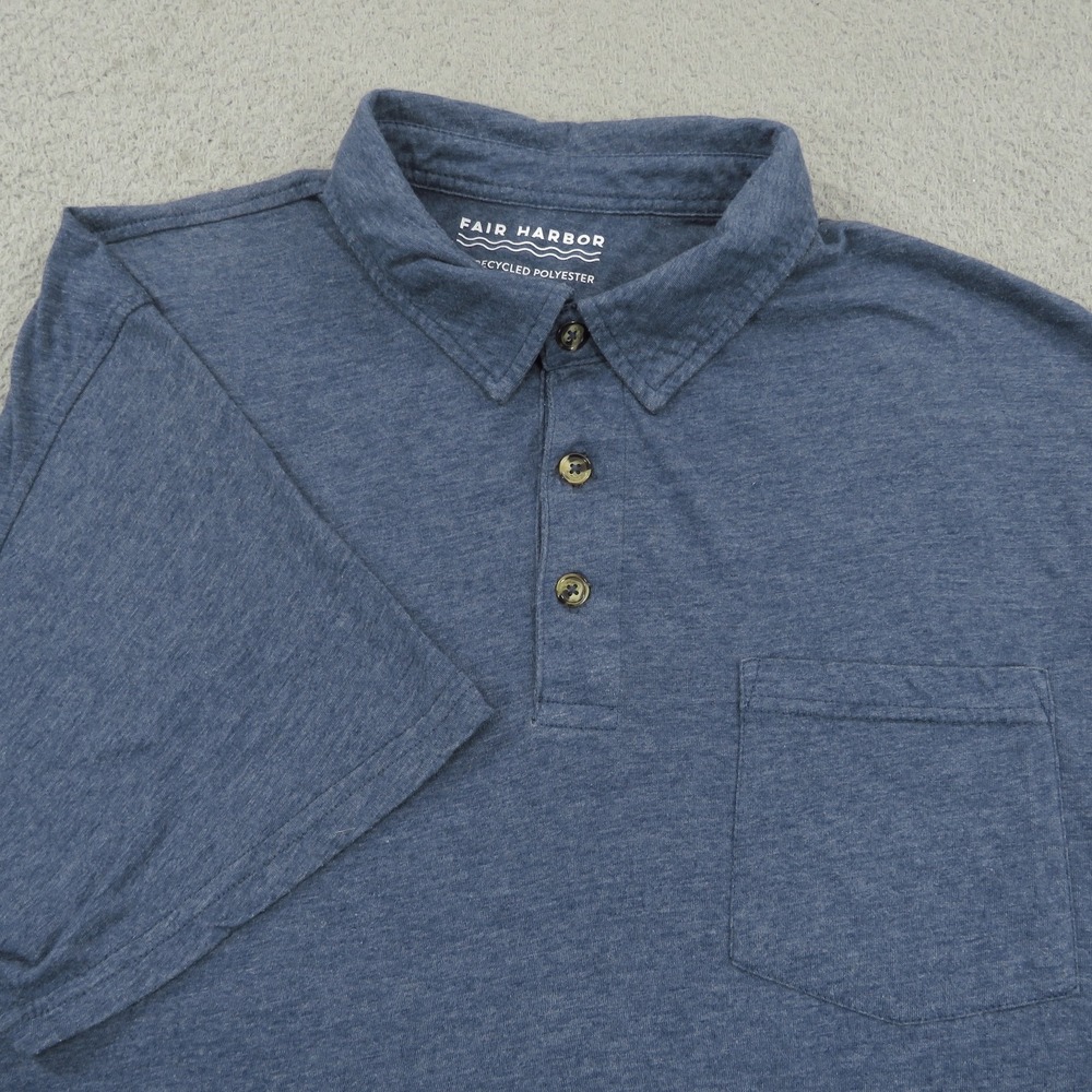 Fair Harbor Polo Shirt Mens 2XL Heather Blue Recycled Polyester Cotton Pocket
